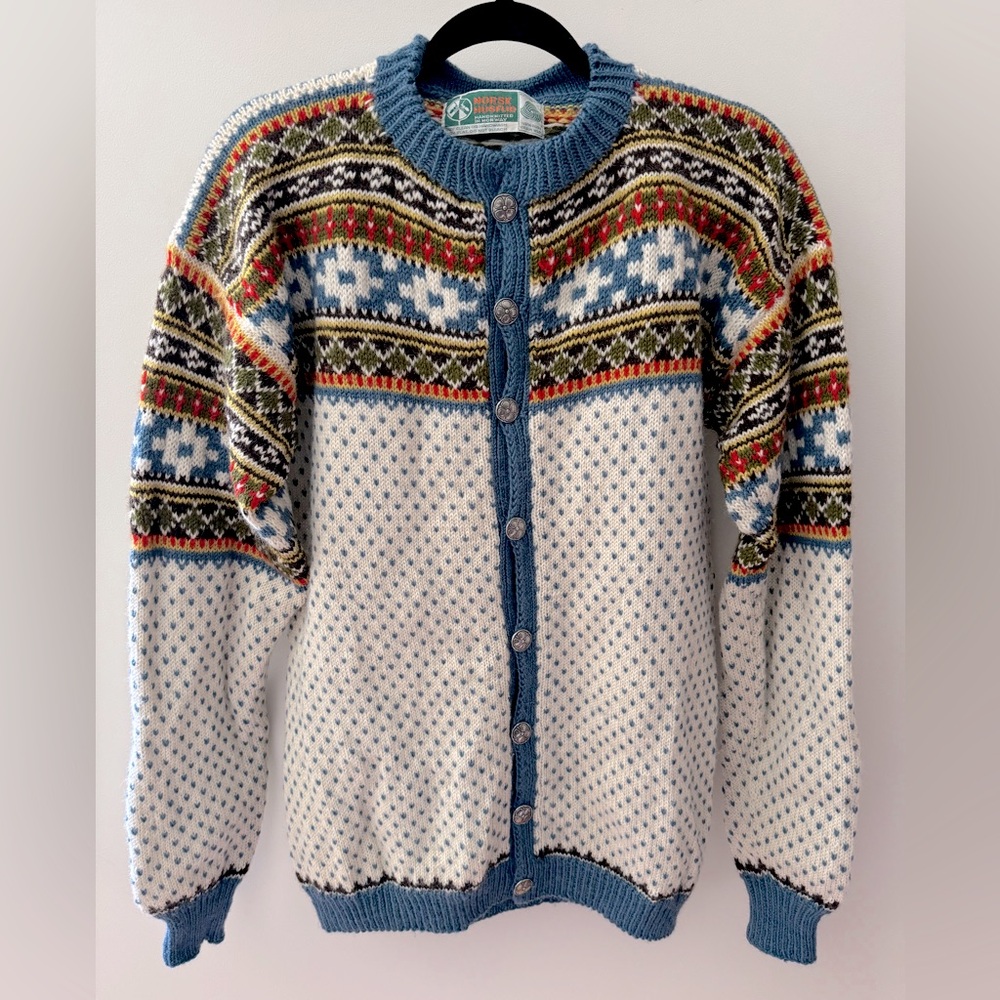 Vintage NORSK HUSFLID Hand Knit Fair Isle Wool Cardigan